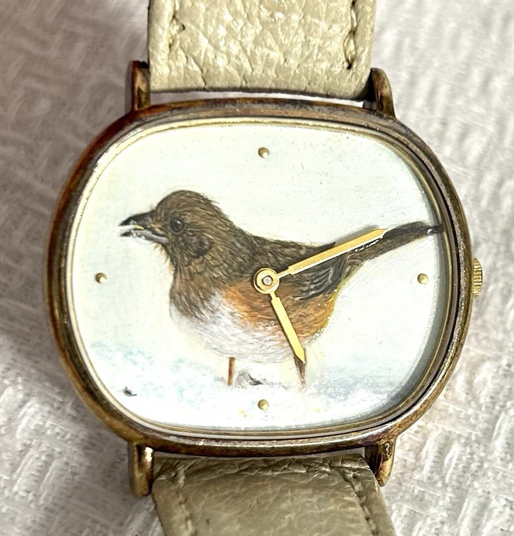 VTG Watch Hand Painted Robin Bird in Snow Artwork Dial Beige Leather New Battery