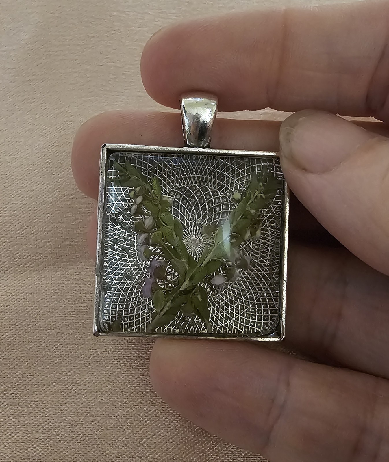 Real Flower Square Resin Pendant Pressed Botanicals on Silver Lace Doily