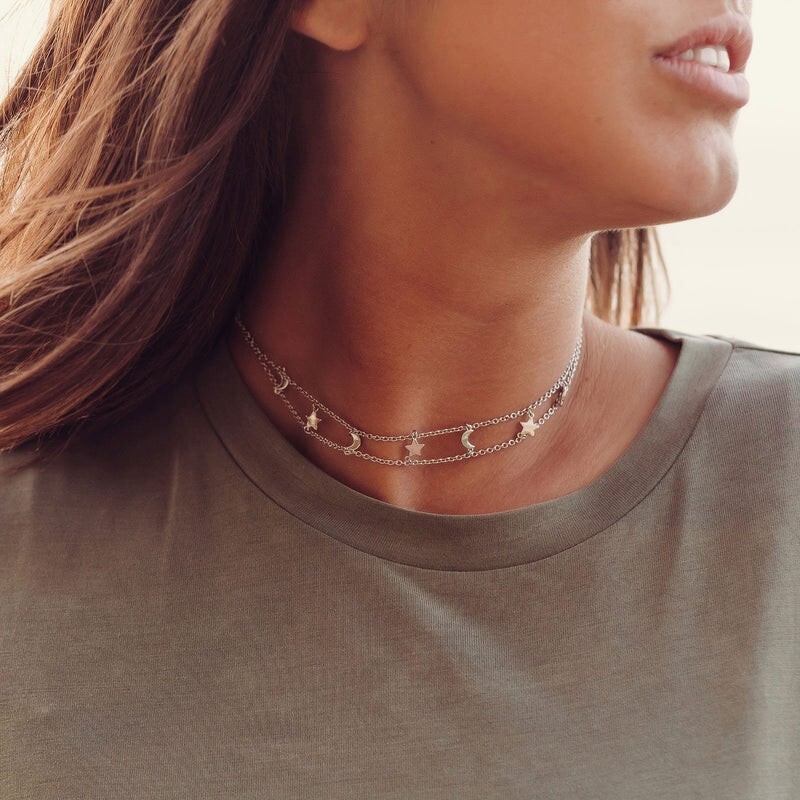 Pura Vida Cosmos Galaxy Moon Star Charms Choker Necklace Silver New
