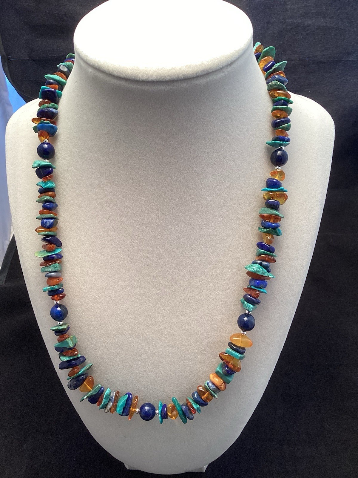 Sterling Silver Turquoise Round Lapis And Amber Chip Beaded Necklace 20.5”