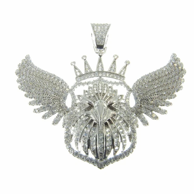 3.20Ct Round Cut Real Moissanite Crowned Eagle Pendant 14K White Gold Plated