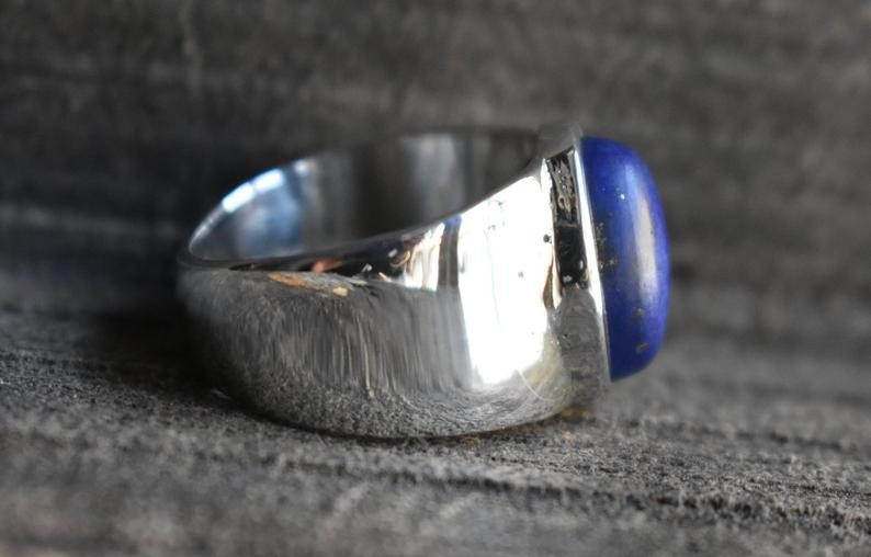 Solid 925 Sterling Silver Natural Lapis Lazuli Gemstone Men’s Unisex Band Ring