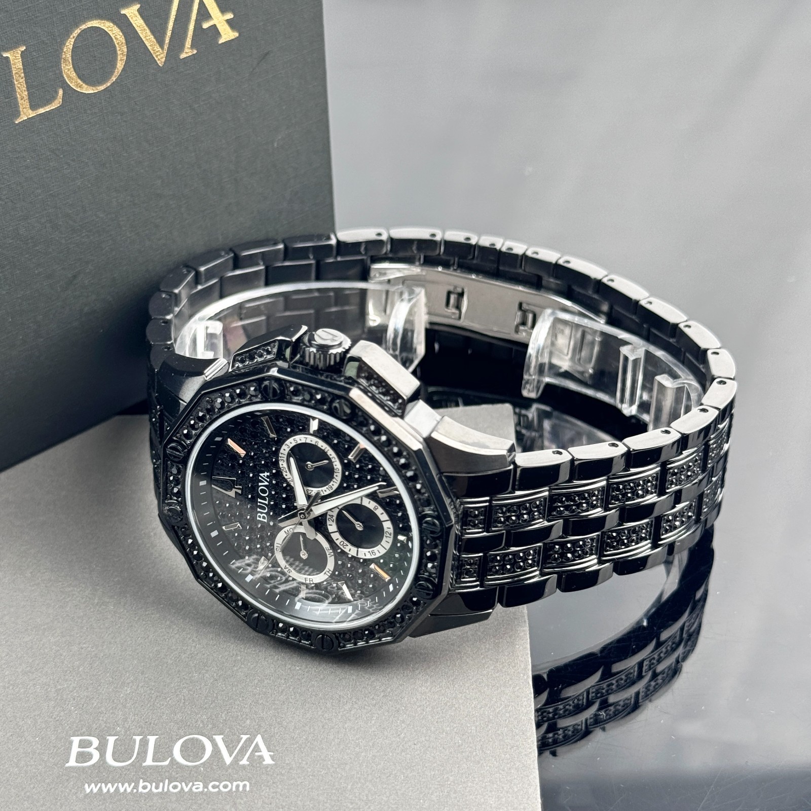 Bulova Octava Black Pave Crystal Stainless Steel Quartz Men’s Watch 98C134