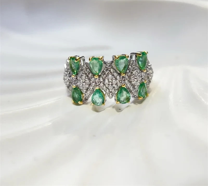 Natural Emerald Double Layer Band Ring 3x4mm 925 Sterling Silver with Platinum