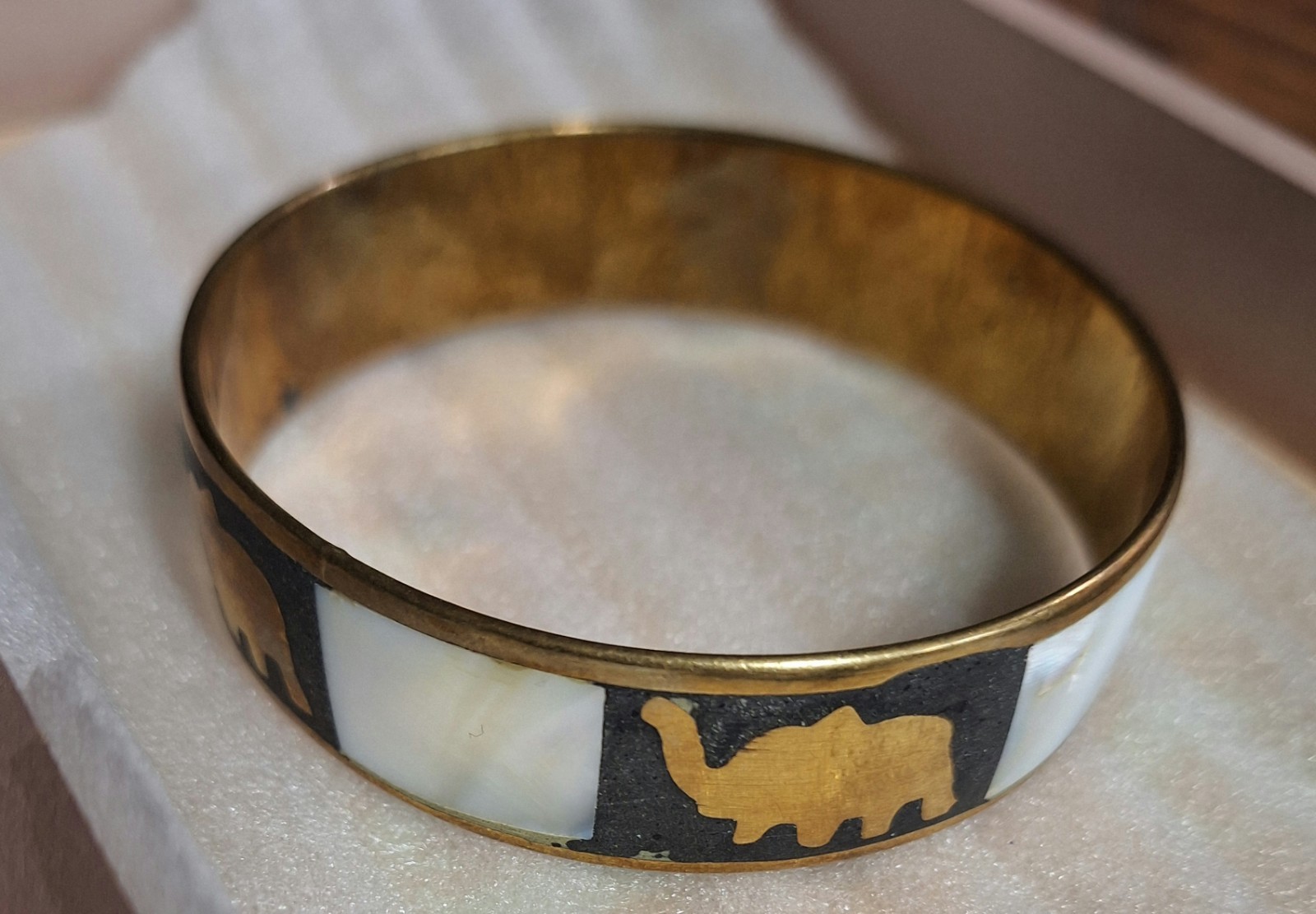 Gold Tone Elephant & Camel Motif Bangle Bracelet Black White Panels Round