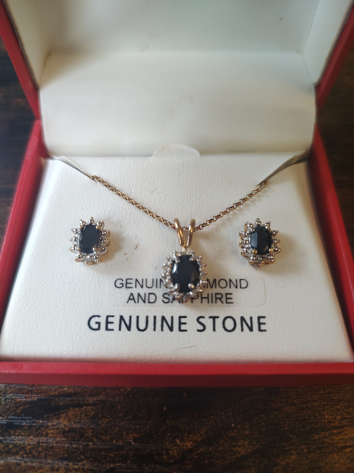 Macy’s genuine Sapphire & Diamond Halo Pendant Necklace Stud Earrings Set w/ Box