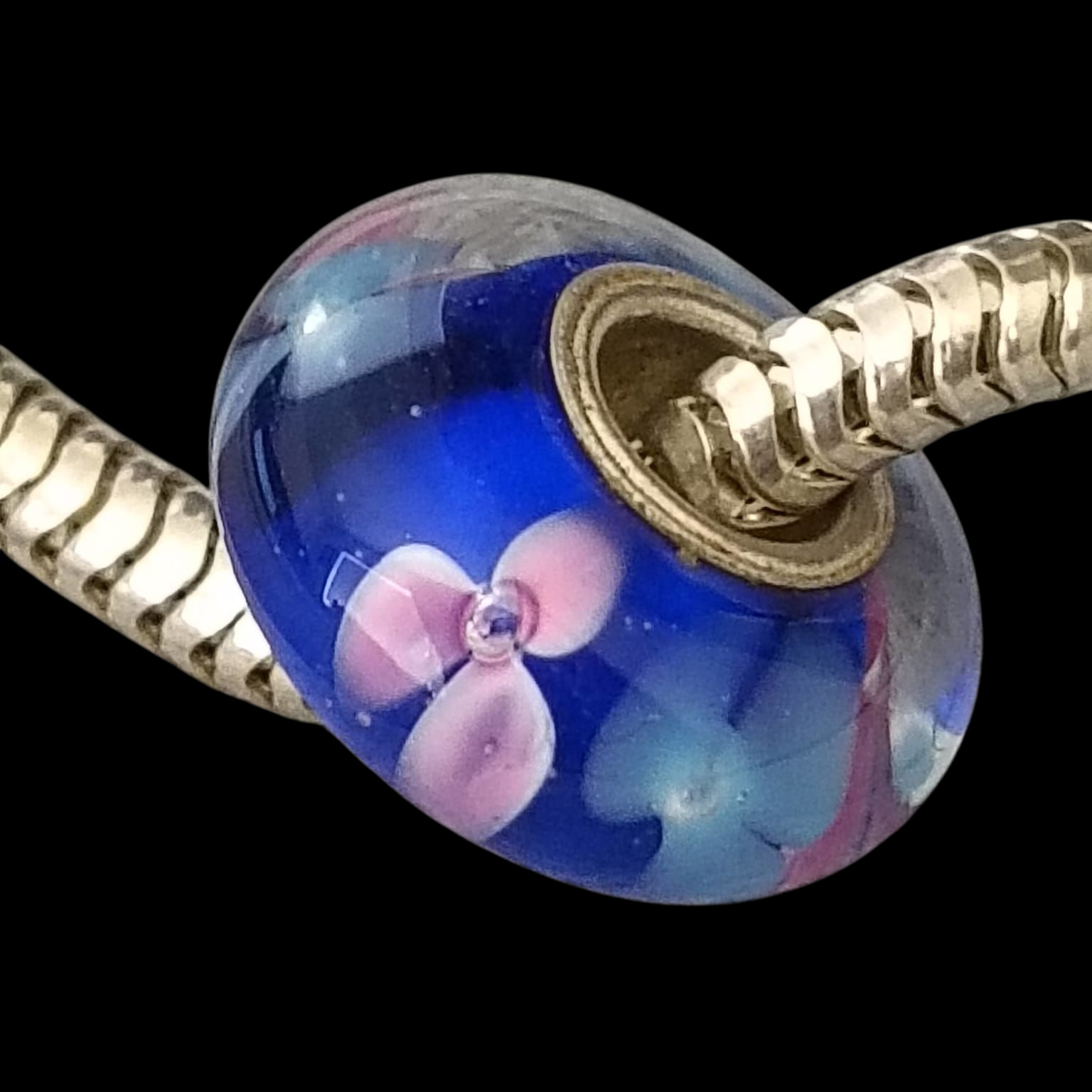 925 Sterling Silver Charm Bracelet 6.25″ Snake Chain & 3 Floral Glass Beads