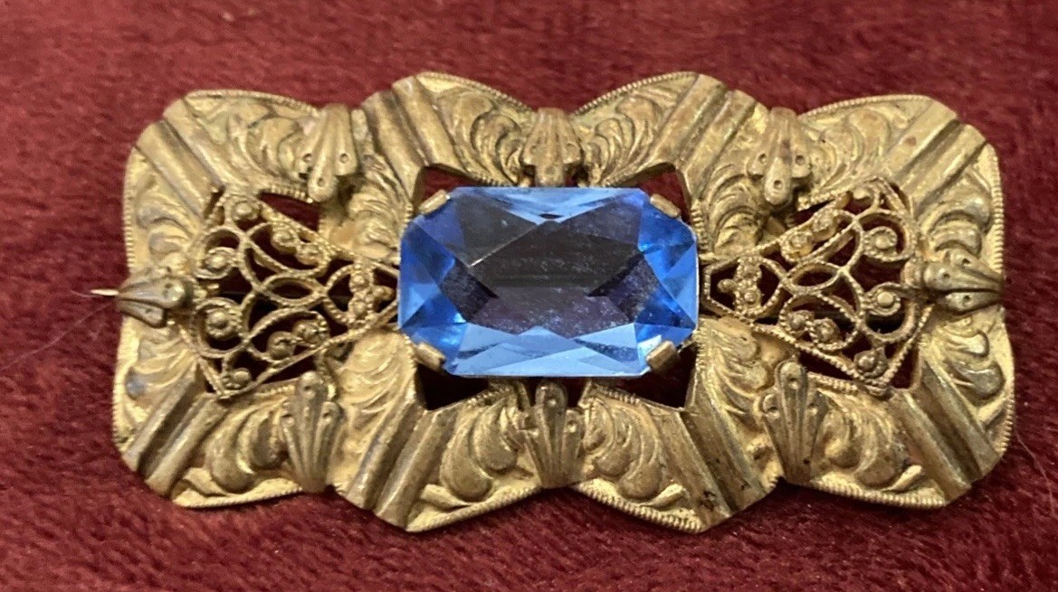 Antique Sash Pin Brooch, Aqua Glass in Gold Tone – C Clasp 2” | J814