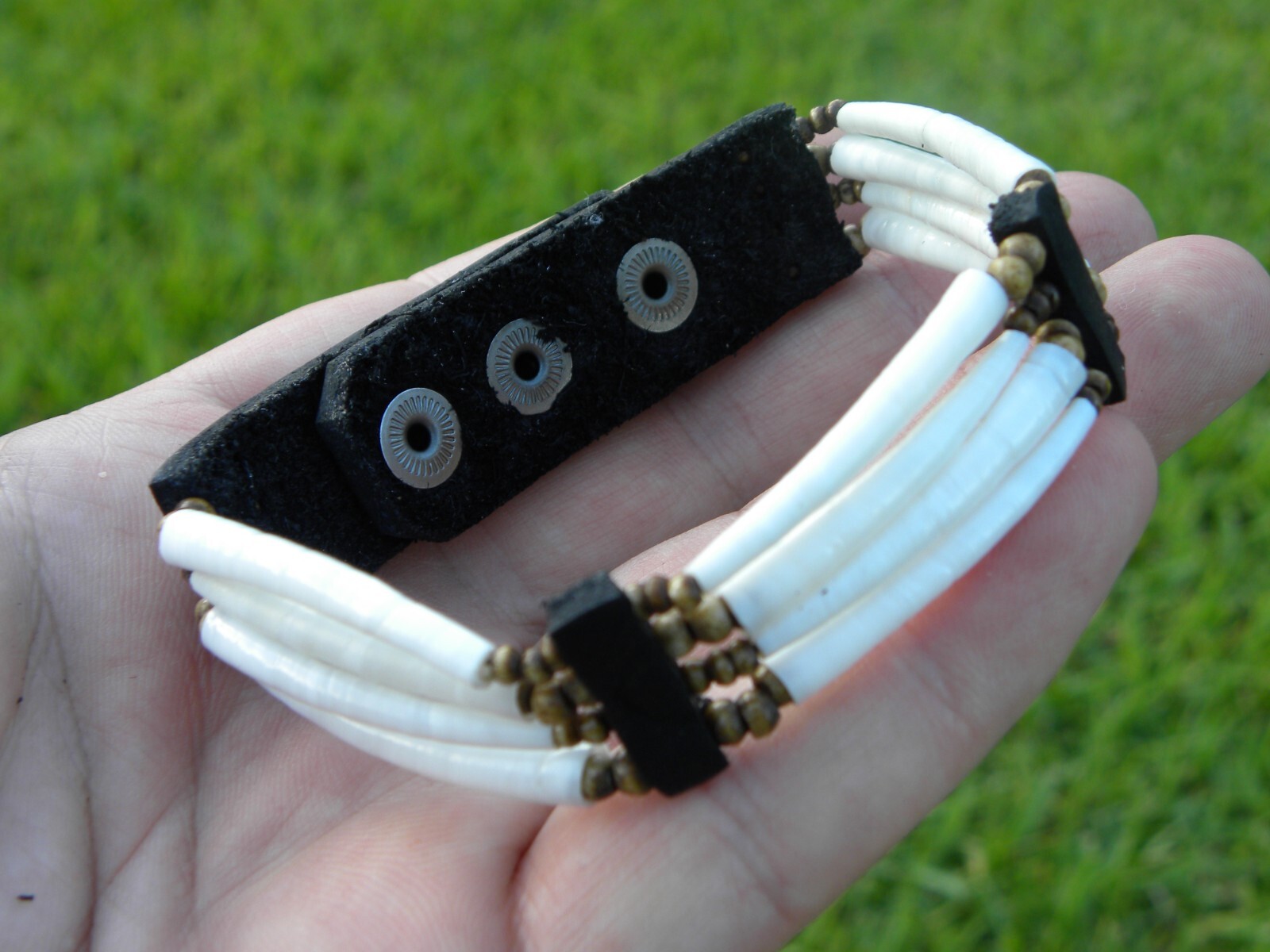 Cuff bracelet good luck dentalium shells Bison leather bone cool Shaman style