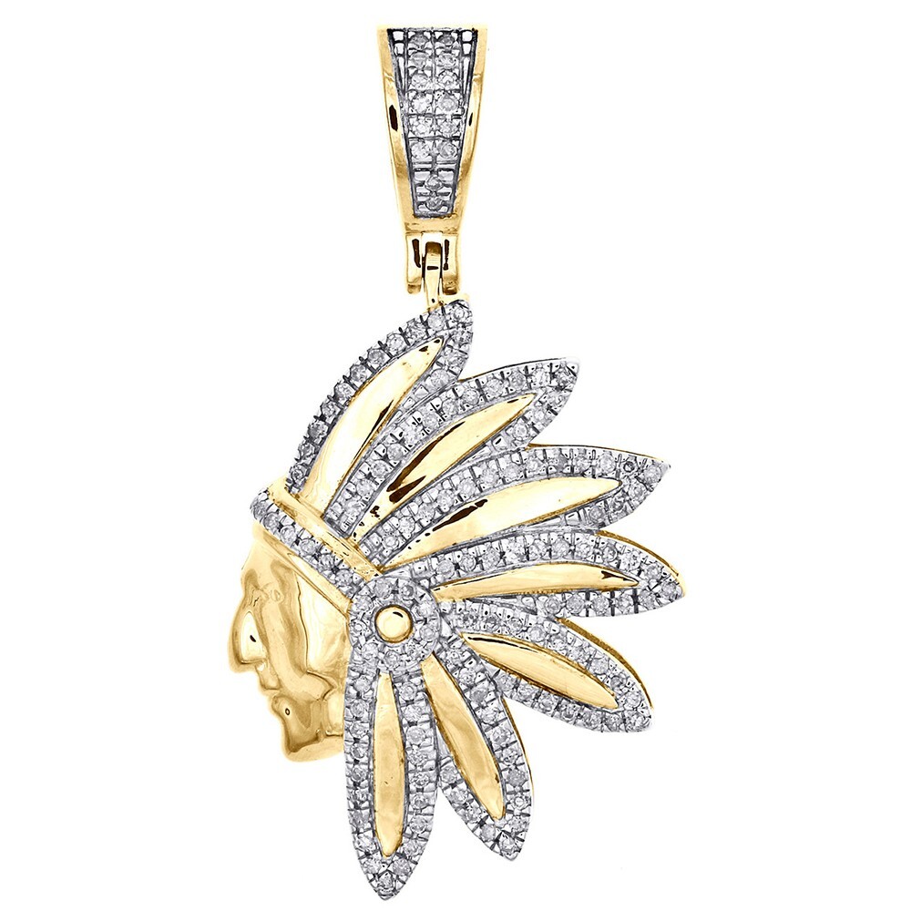 0.60Ct Simulated Diamond 14K Yellow Gold Fn Native American Indian Pendant 1.30″