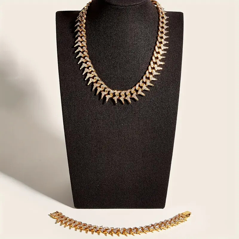 HIP HOP JEWELRY CUBIC ZIRCONIA ICED SPIKE CHAIN BLING BRACELET & NECKLACE SET
