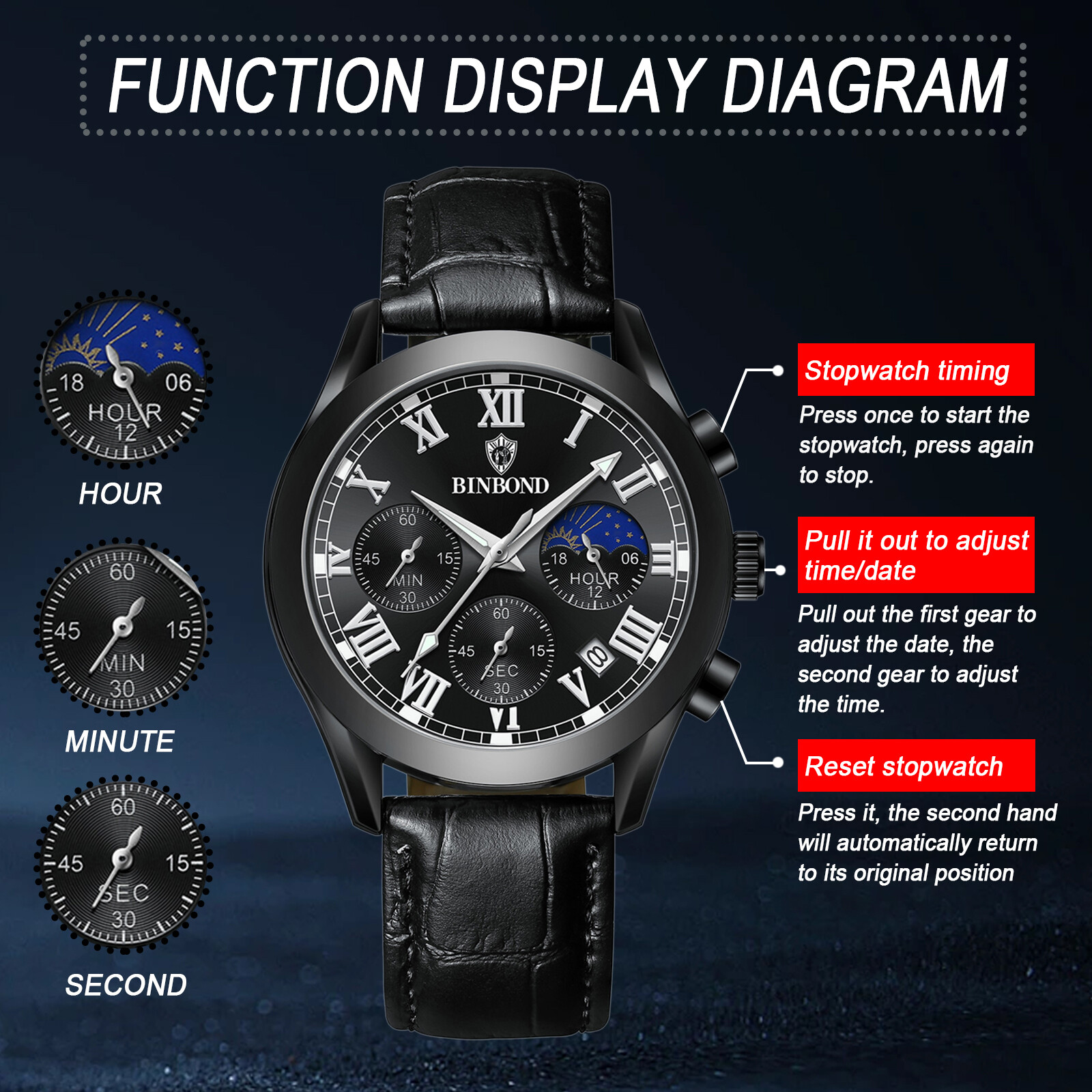 Men’s Waterproof Chronograph Dial Leather Band Causal Analog Quartz Date Watch