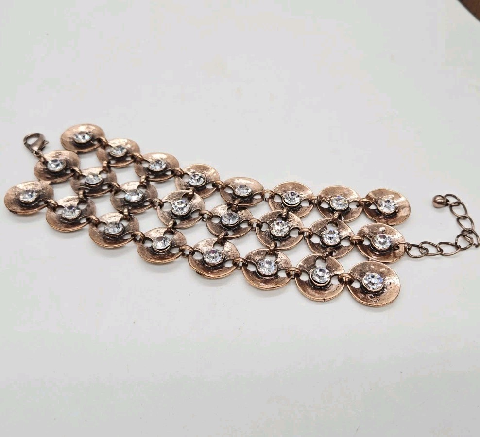 Copper Link Bracelet Circular Panels Crustal Accent Gorgeous Wide Couture 9 in