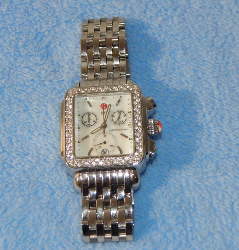MICHELE Deco Diamond MW06A00 Chronograph Stainless Steel MOP 35mm Watch 50m
