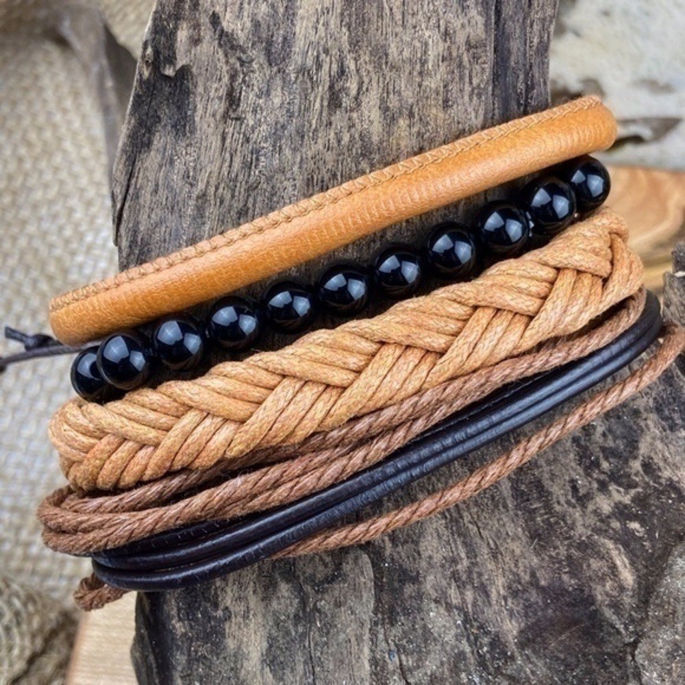 Mens Bracelets Bundle Adjustable Faux Leather & Hemp Onyx Stone Beads