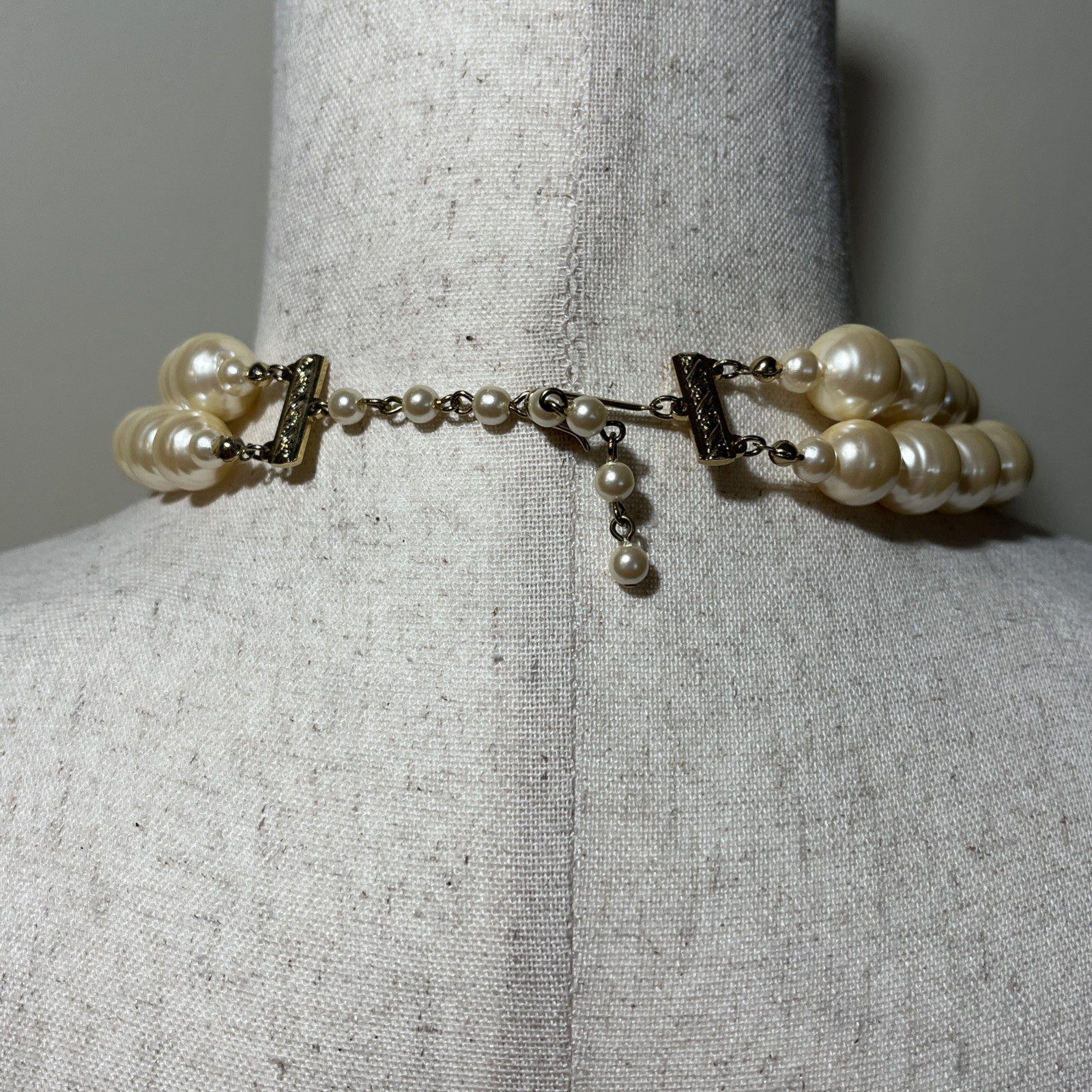 Vintage Champagne Cream Faux Ringed Pearl 2 Strand Necklace Large Pearls