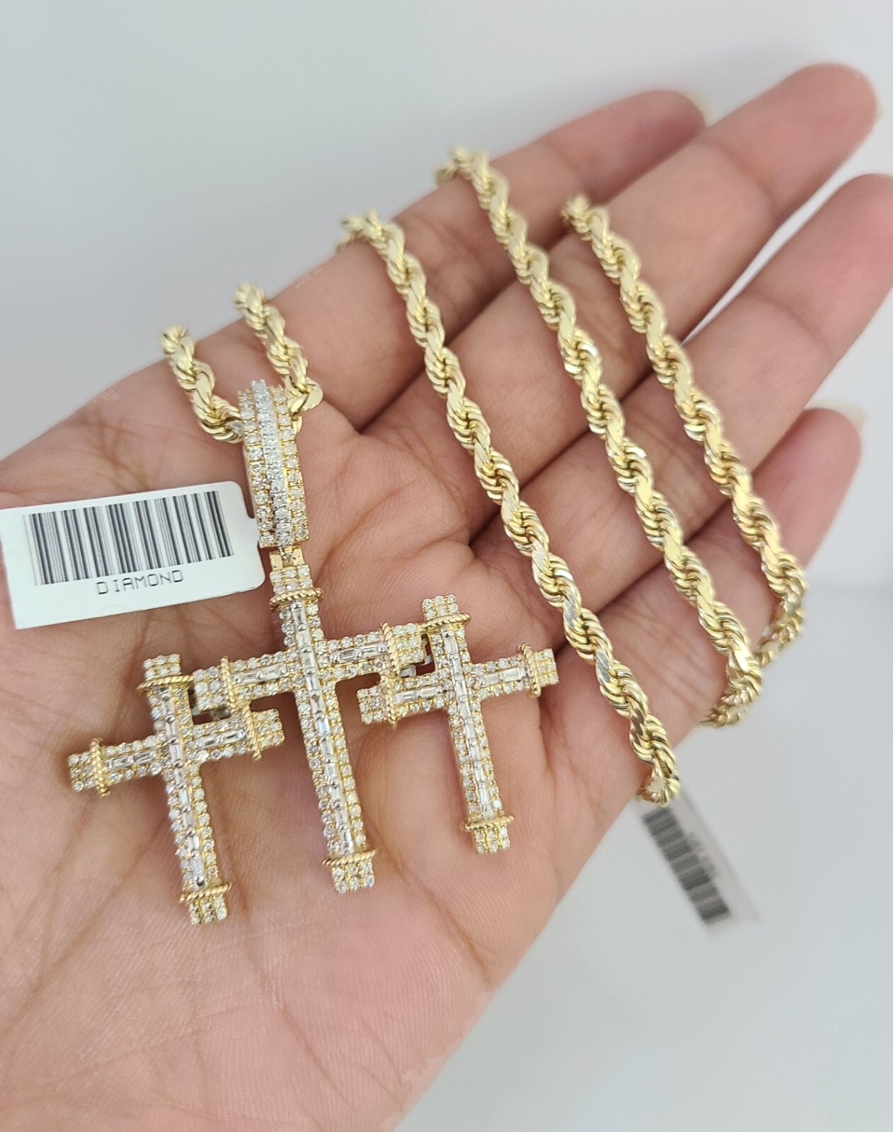 10k Solid Rope Chain Triple Cross Charm Diamond Set 4mm 20″-28″ Necklace Gold
