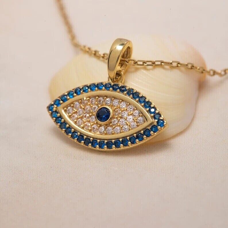 1.90Ct Round Simulated Sapphire Evil Eye Fancy Pendant In 14K Yellow Gold Plated
