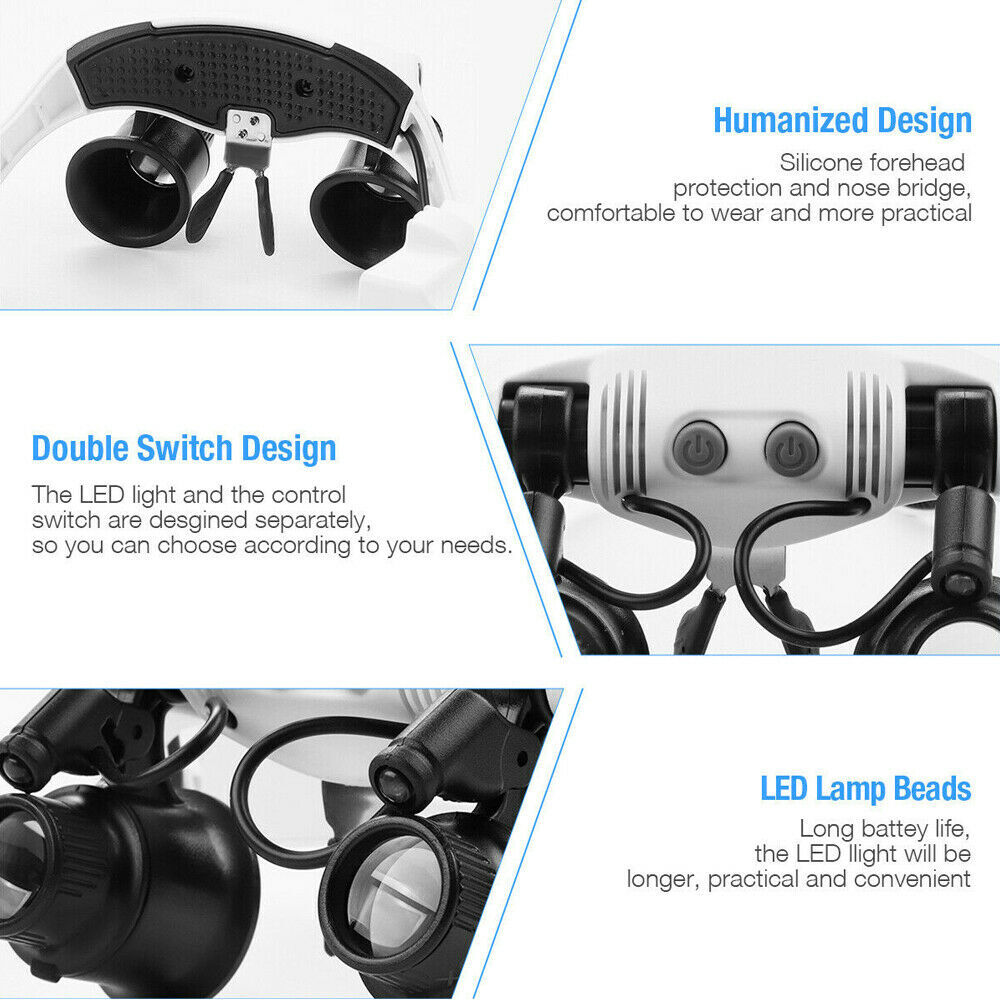 LED Headband Magnifier Headset Glass Loupe Head Lamp Light Jeweler Magnifying US