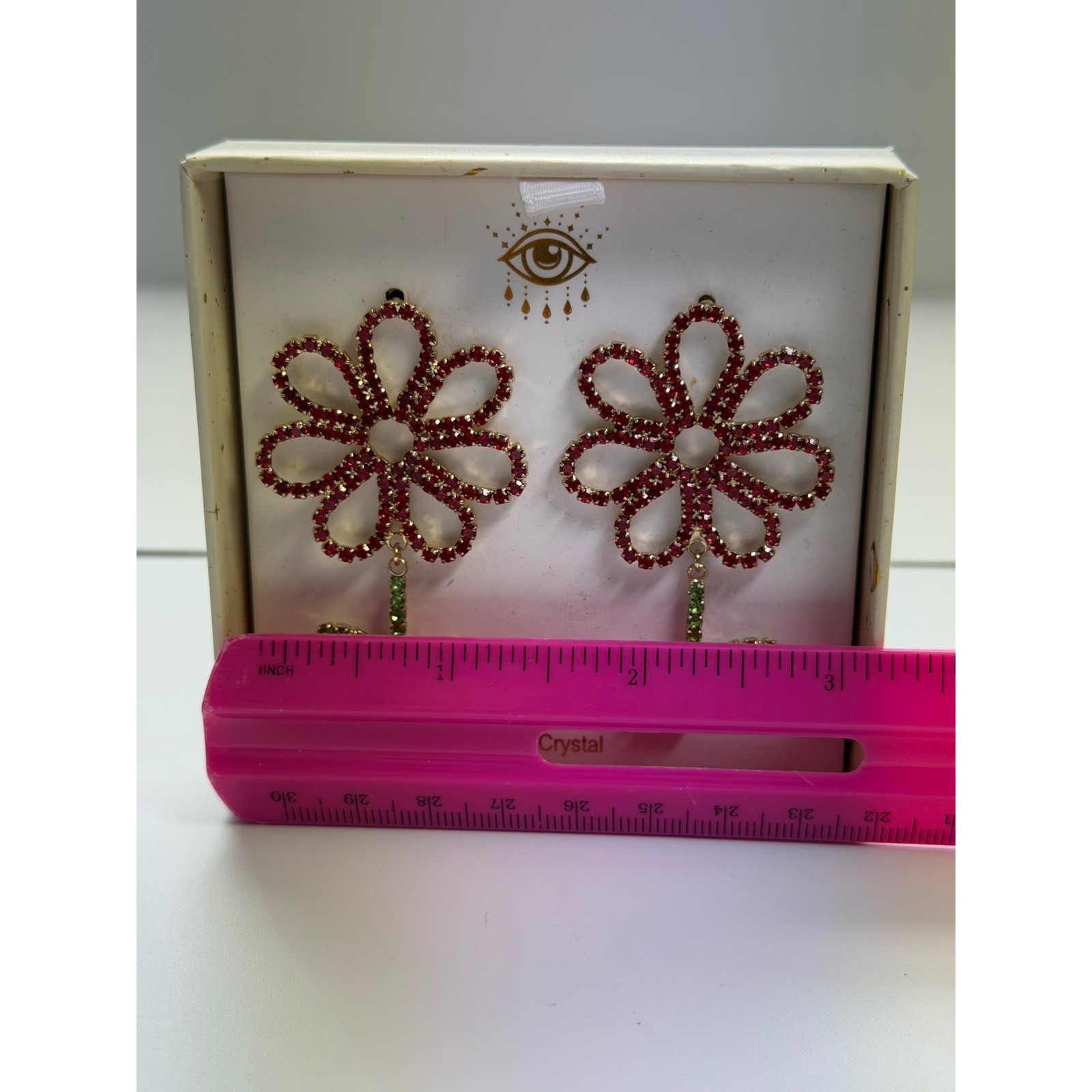 Red Green Crystal Flower Drop Earrings Brass Daisy Floral Statement Jewelry