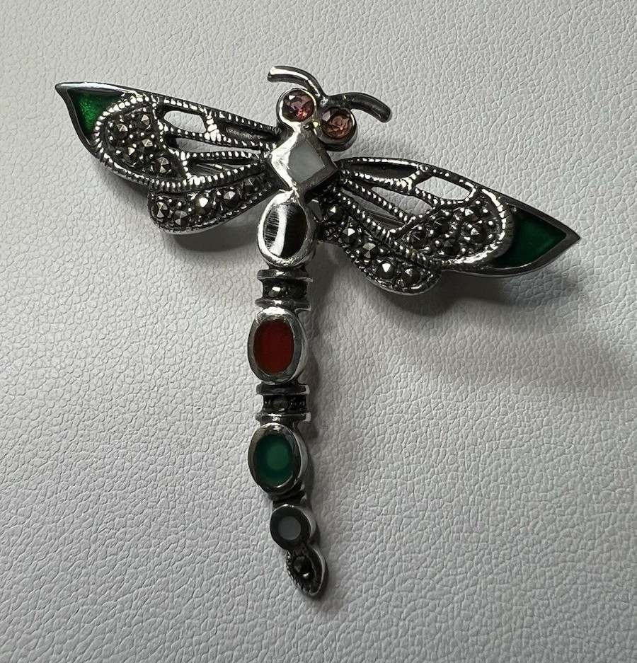 925 Silver Dragonfly Brooch Pin Enamel and Natural Stones Marcasite, 2.5 in