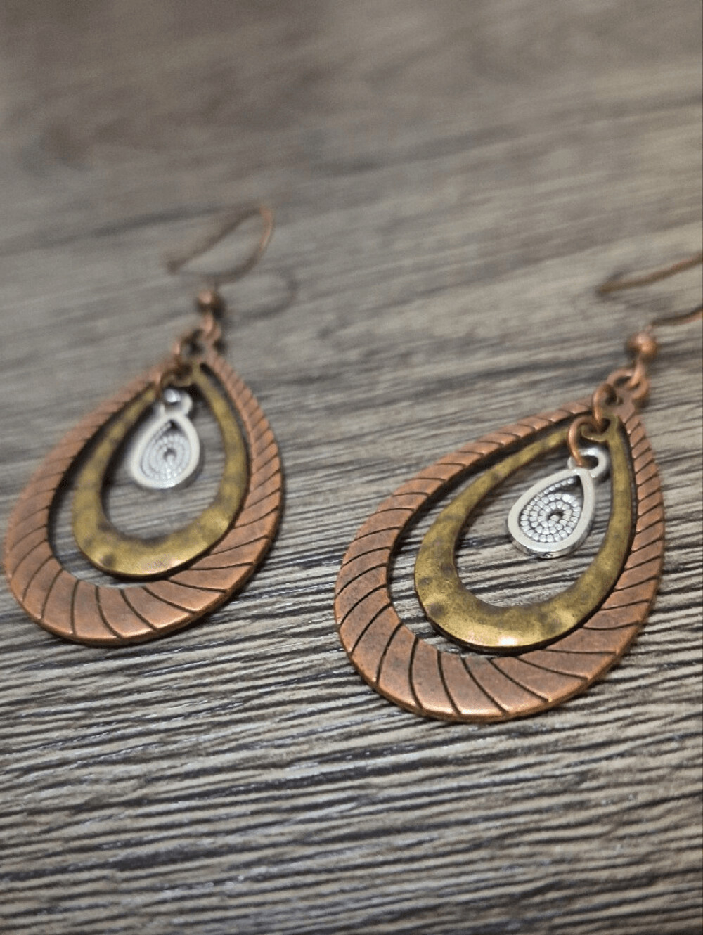 Copper and Brass Teardrop Dangle Earrings with Silver Accent