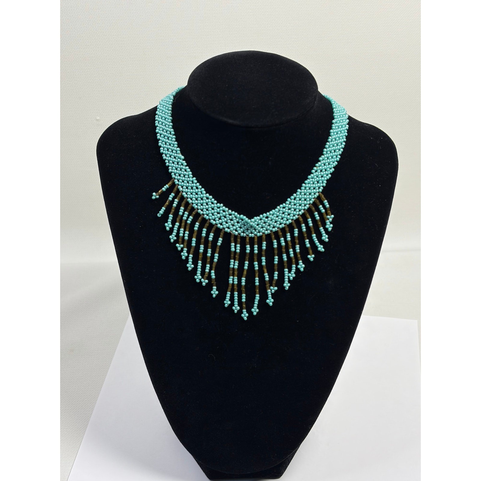 Blue Seed Beaded Choker Fringe Bib Necklace Native Handmade Vintage Western
