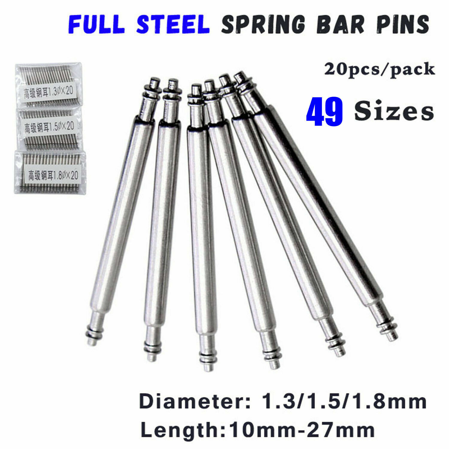 20pcs Dia1.8 1.3 1.5mm Full Steel Watch Band Spring Bar Pin 10-27mm Generic Pins