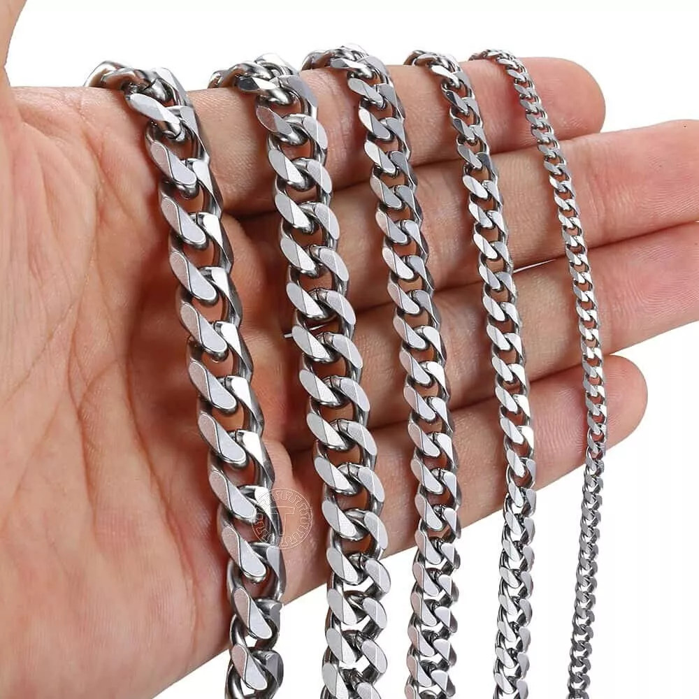 Cadena de Eslabón cubano para Hombre Acero Inoxidable de Plata Moda Hip Hop