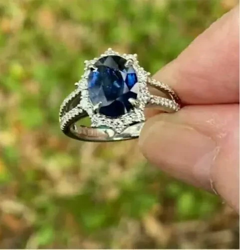 4.60 Ct Oval Natural Sapphire & Diamond Wedding Ring 14K White Gold Size 6