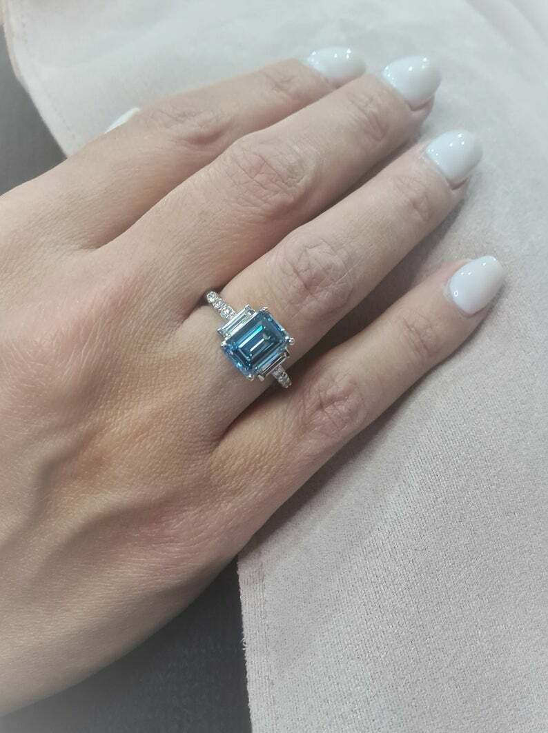 3Ct Emerald Simulated Blue Diamond Three Stone Ring 14k White Gold Plated Silver