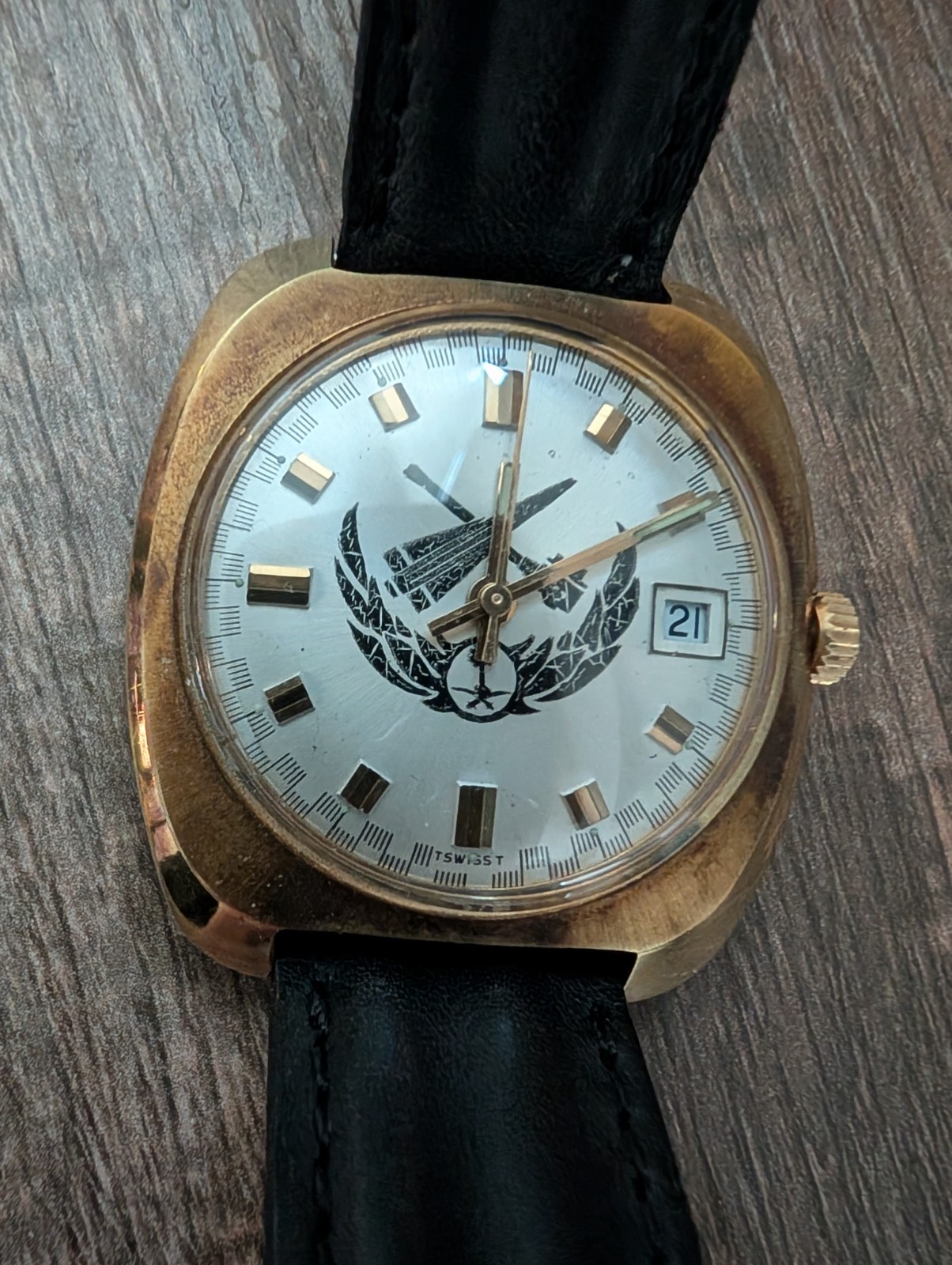 Vintage Swiss Automatic Watch Saudi Arabia Emblem Dial Gold Plated 1970s Rare