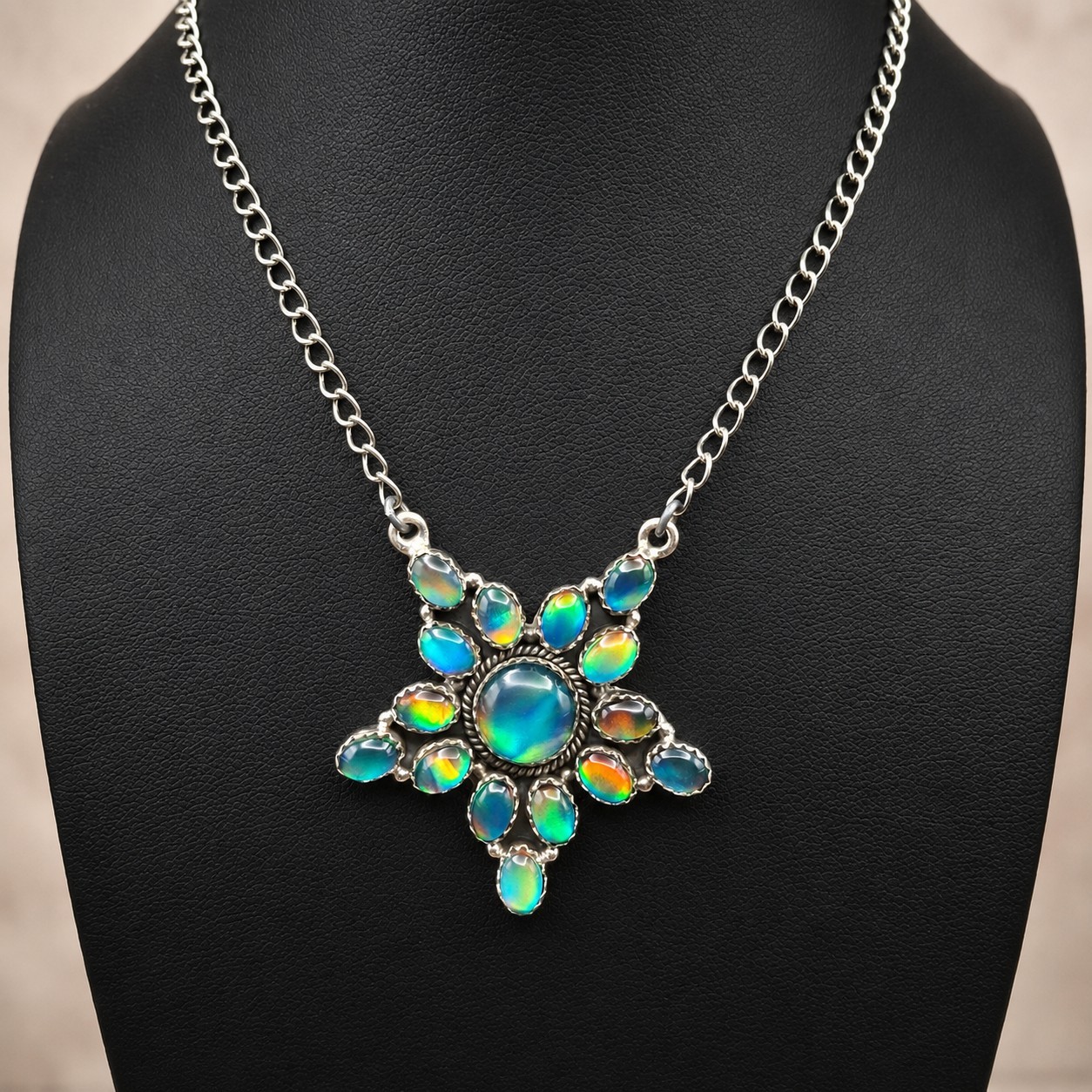 Aurora Opal Starburst Cluster Necklace 18-20″ Sterling Silver Southwestern