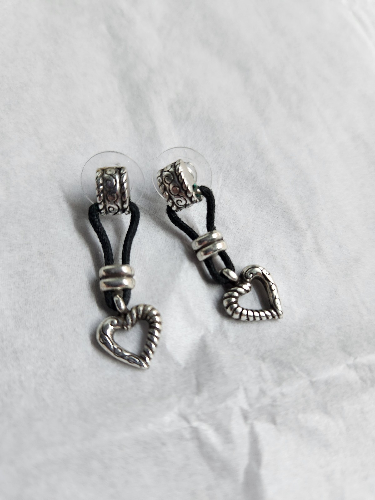 Brighton Silver Tone Black Cord Open Heart Dangle Earrings 4g