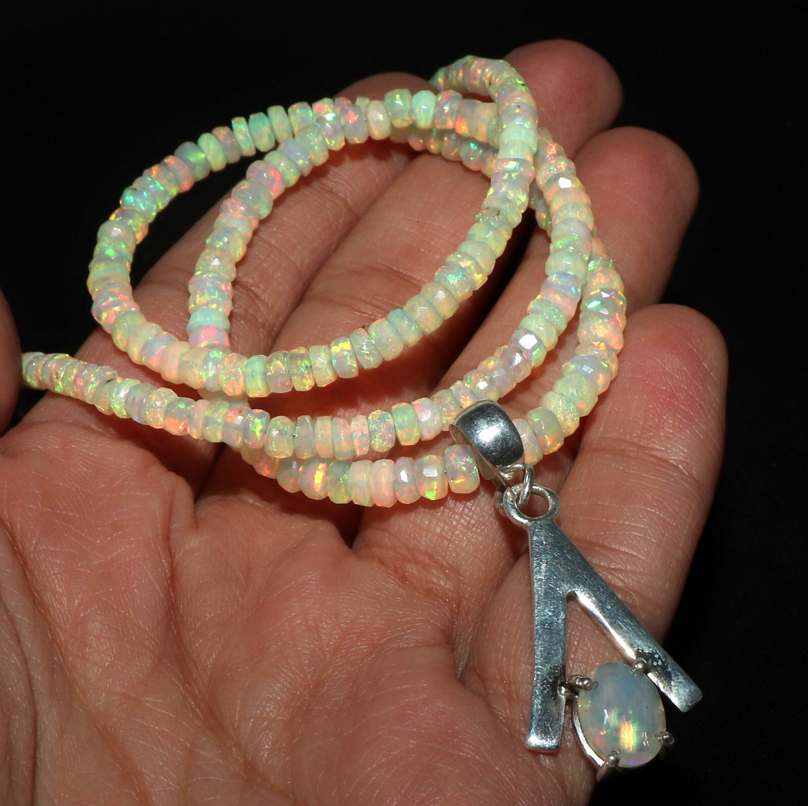 Natural Ethiopian faceted opal pendant with silver white opal necklace 3 to 6 mm