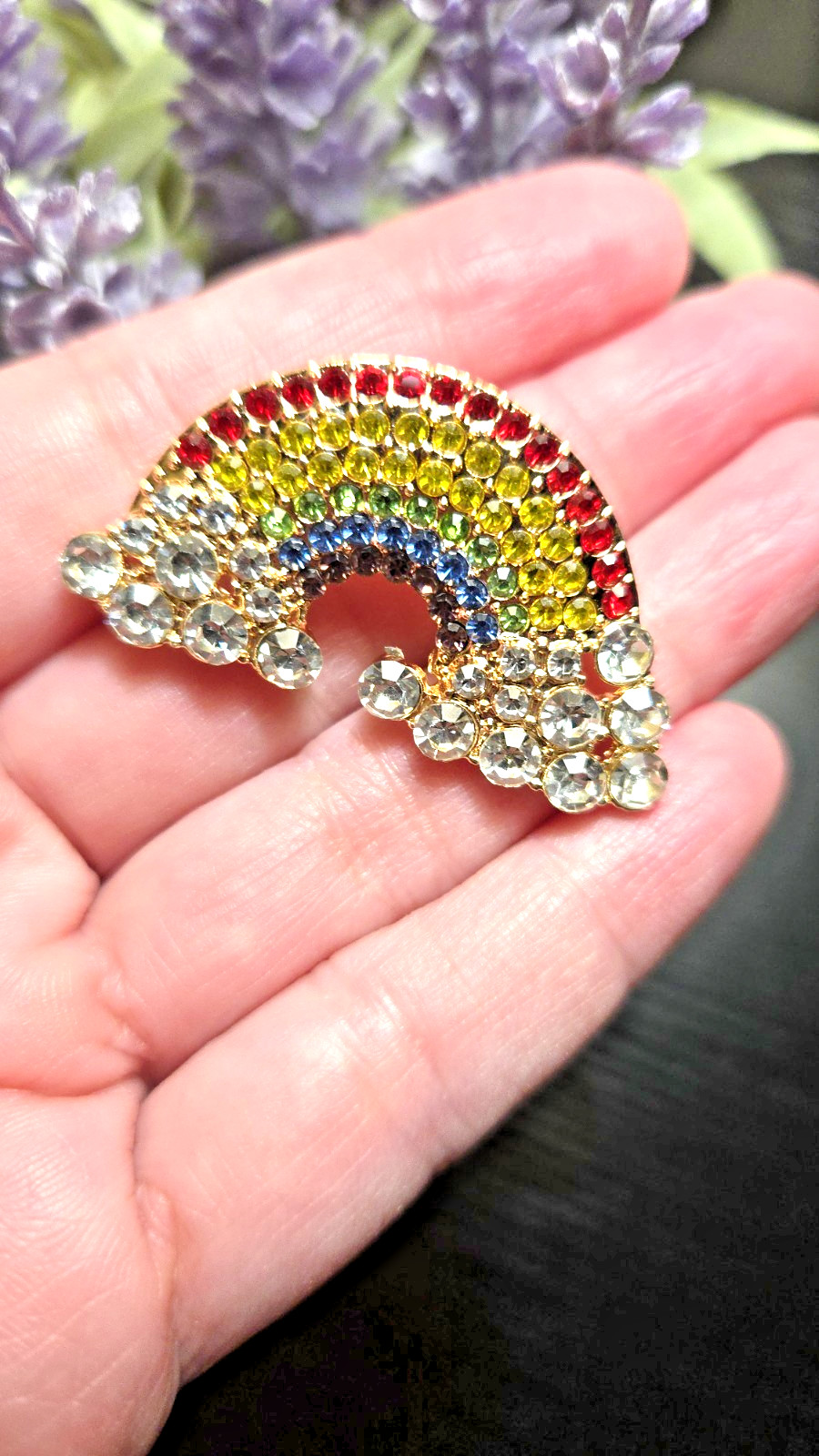 Rainbow Brooch Full Rainbow With Clouds Crystal Rhinestone Rainbow Pin