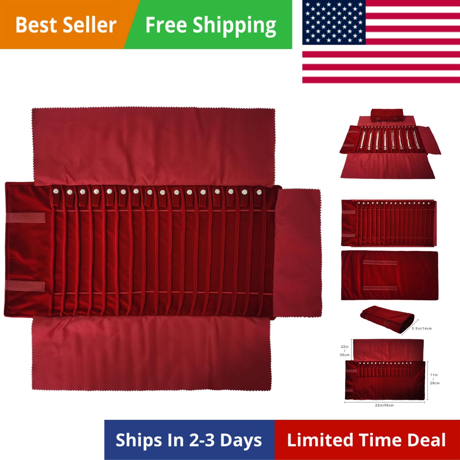 Portable Jewelry Roll Untangled Secure Necklace Travel Storage Bag Displays H…