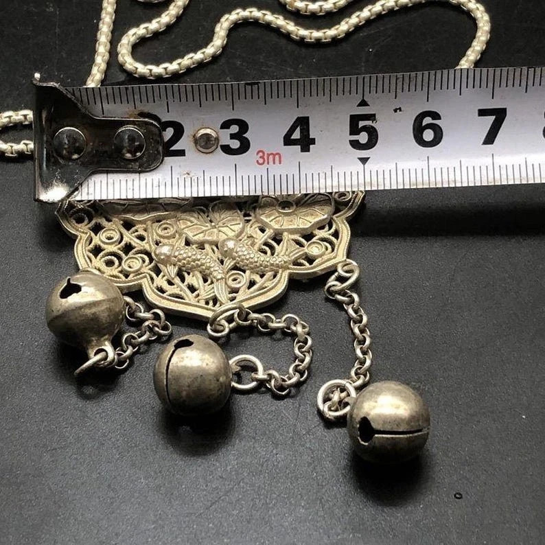 Vintage Lotus Fish Lock Necklace Bell Tassel Ethnic Alloy Long Chain Pendant