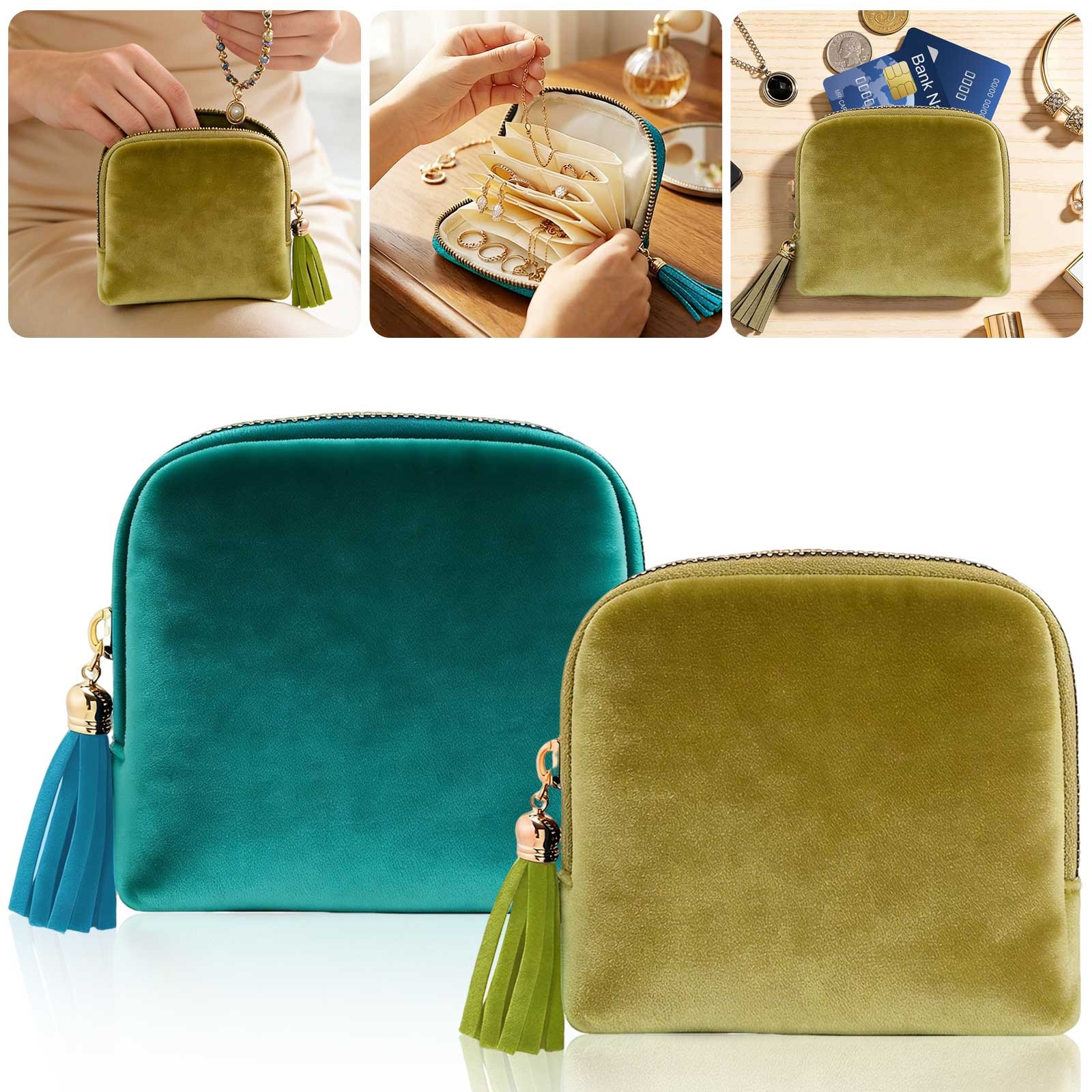 2PCS Travel Jewelry Pouch Case Velvet Organizer Bag Zipper Tassel Ring Necklace