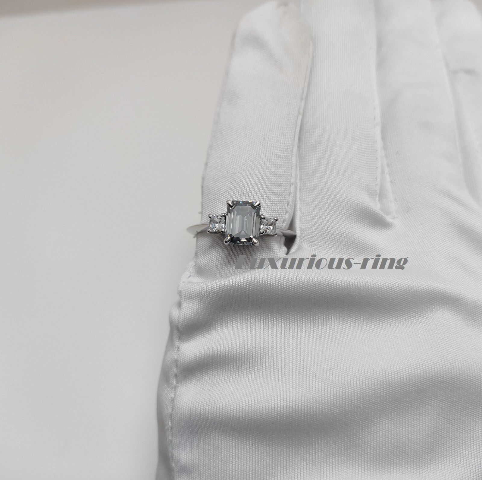 925 Starling Silver Ring, 8×6 mm Gray Emerald Cut Moissanite Anniversary Gift