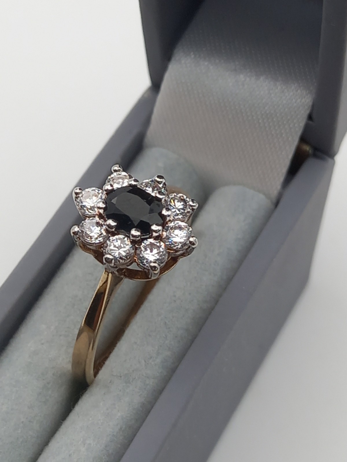 9ct Gold Lab CZ & Sapphire Cluster ring 2 grams size N