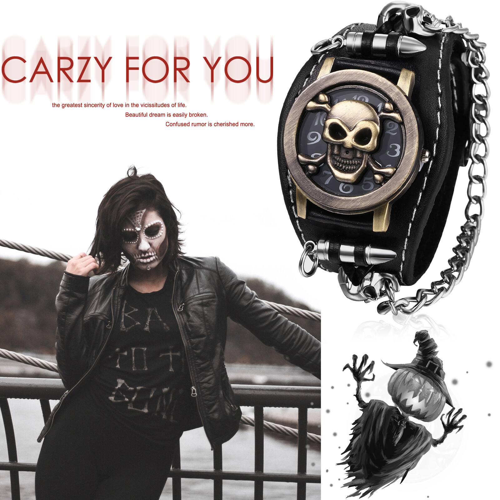 Unisex Geniune Leather Quartz Wrist Watch Openable Skull Case Chain Bullet Decor