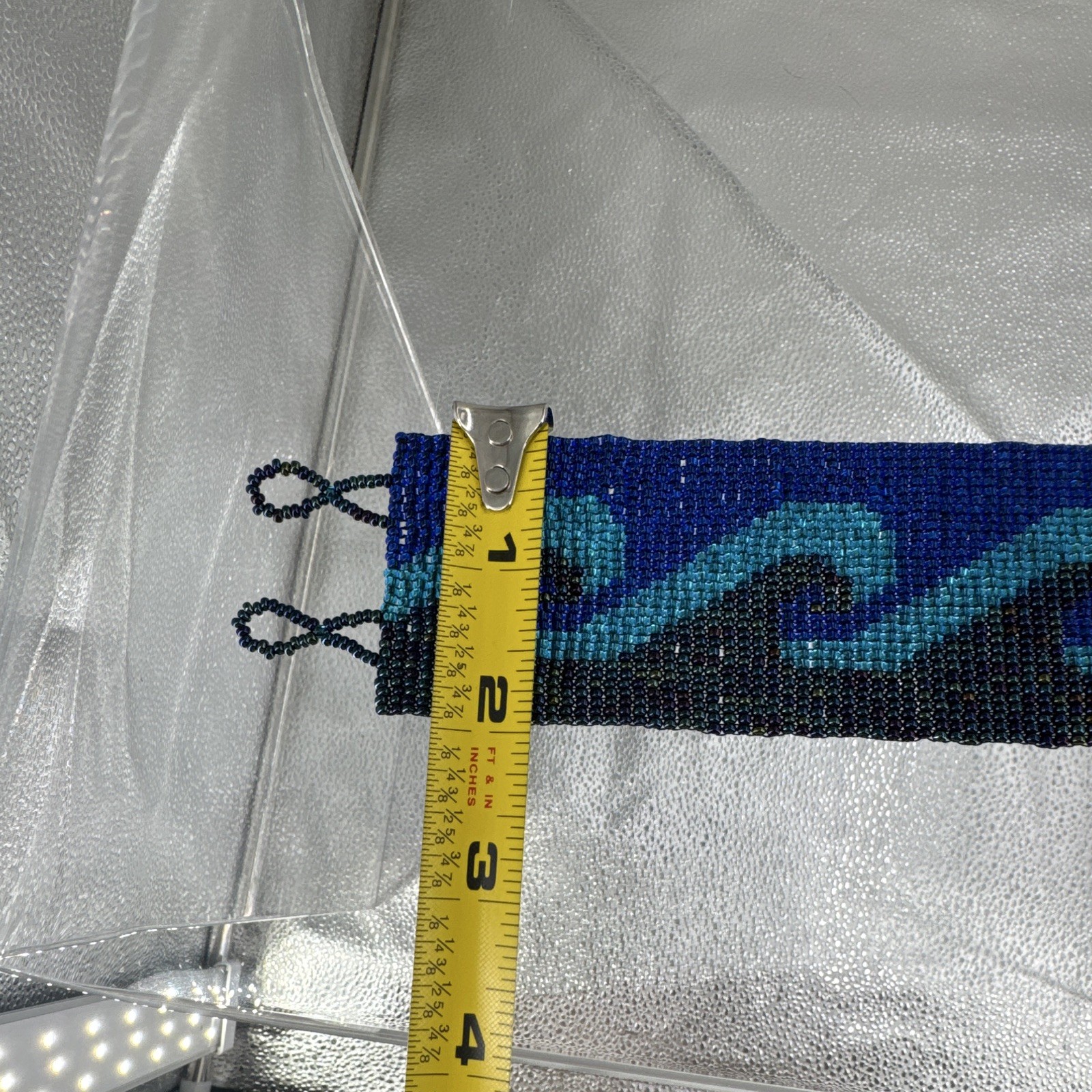 Handmade Beaded Cuff Bracelet Blue Black Teal Wave Design Glass Beads 7 in
