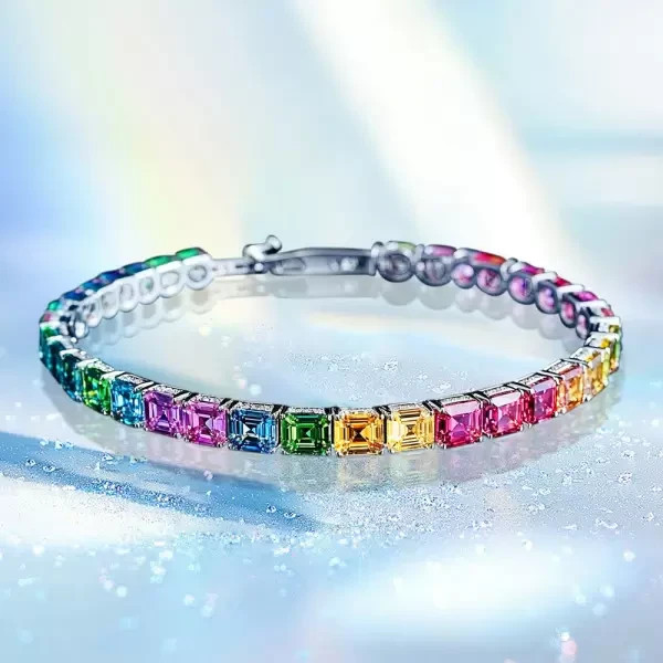 15Ct Asscher Cut Paved Lab Created Rainbow Womens Bracelet 14K White Gold Plated