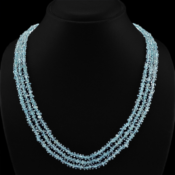 BEAUTIFUL STRIKING 218.35 CTS NATURAL 3 LINE BLUE AQUAMARINE BEADS NECKLACE (RS)