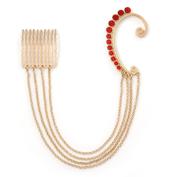 1 Pc Red Crystal Ear Cuff With Comb In Gold Plating – Only For The Right Ear