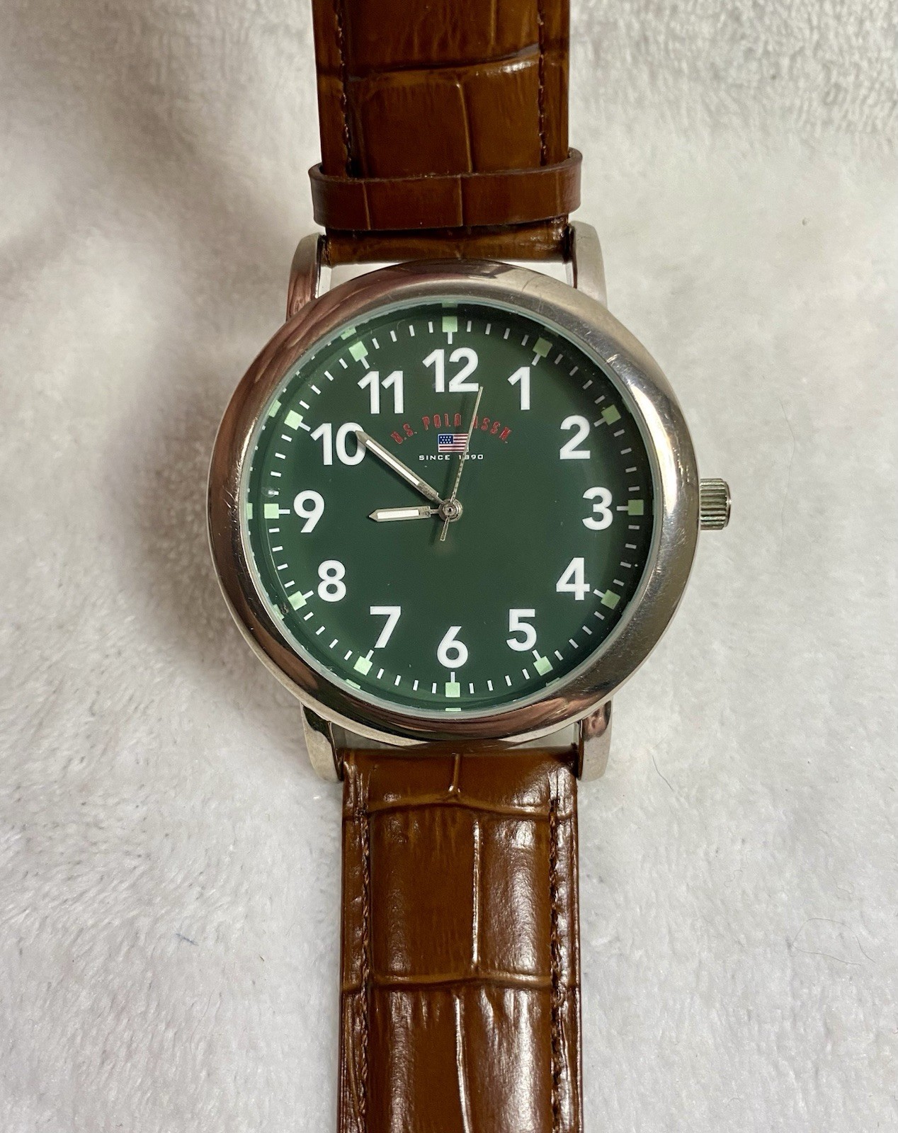 Men’s U.S. Polo Assn. Quartz Watch With Green Dial & New Leather Band & Crystal
