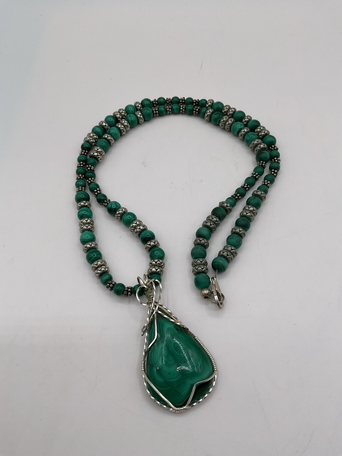 Malachite and sterling wire wrapped pendant necklace handcrafted 28 in 140 gm