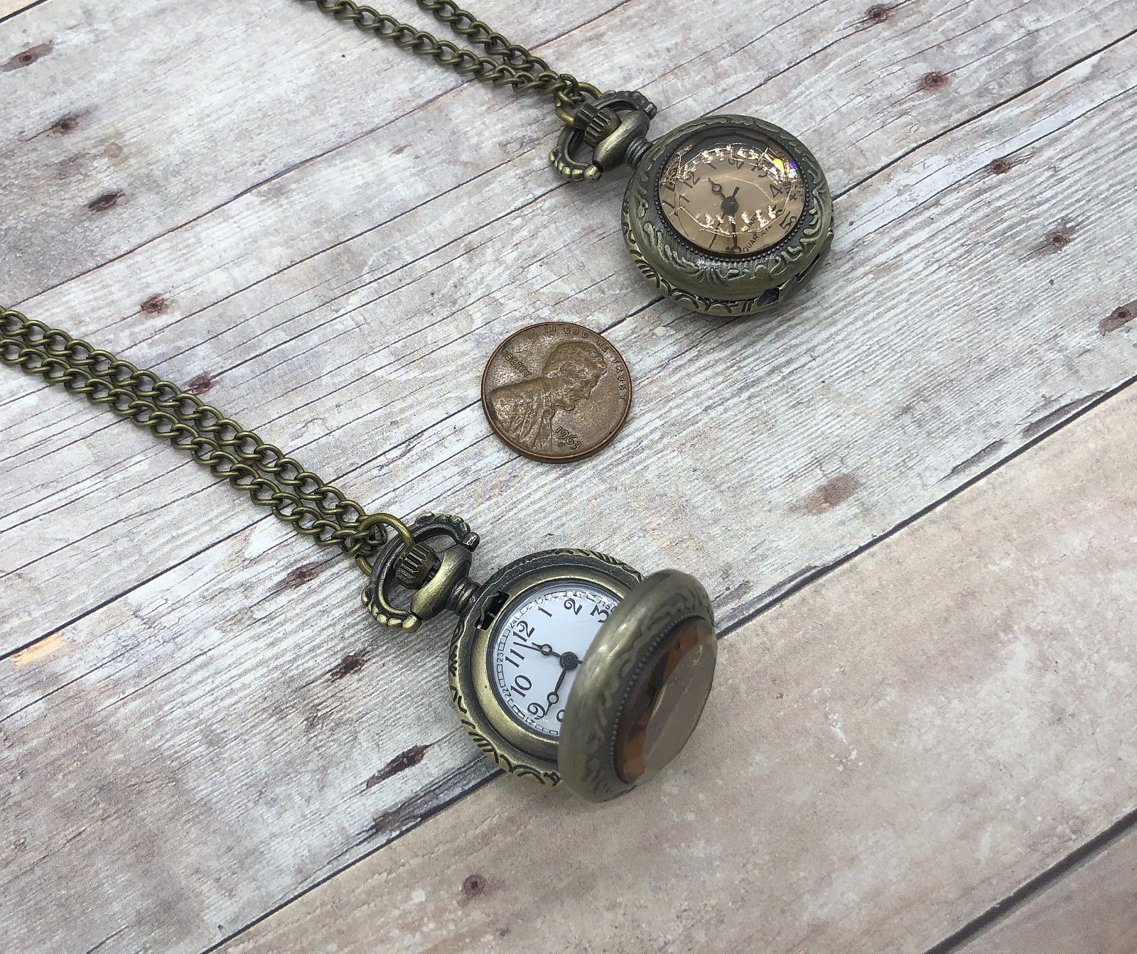 Amber Glass Pocket Watch Necklace Round Watch Pendant Chain & Battery Included
