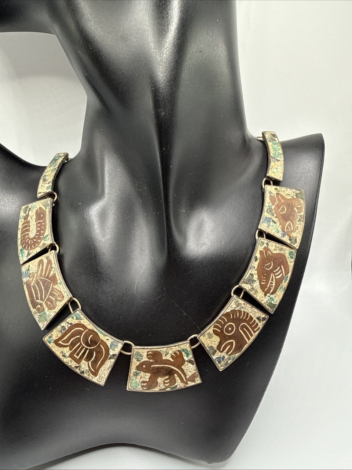 VTG HECHO EN MEXICO 925 STERLING MIXED STONES AZTEC NECKLACE.56.8 GRAMS.SIGN DH?